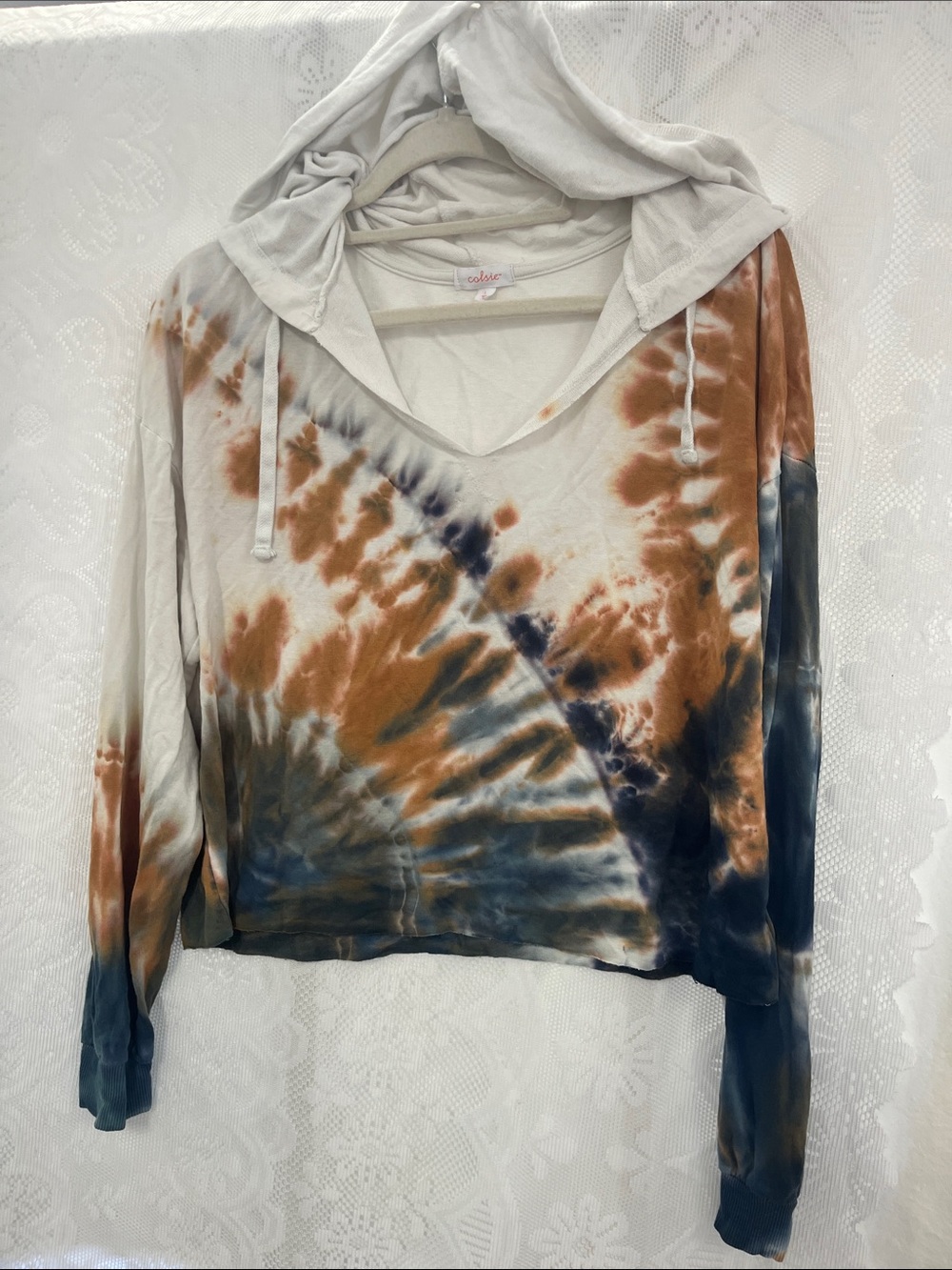 😻5for$15😻Colsie Tie-Dye Hooded Long Sleeve Top - Rust, Navy & Cream L